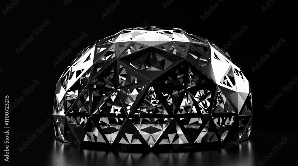 Poster Futuristic geometric dome with reflective triangular patterns on black background