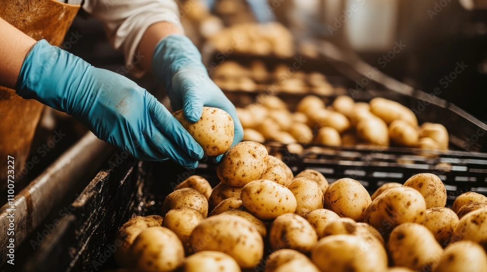 Poster a production facility where workers in gloves carefully sort freshly harvested potatoes, demonstrati