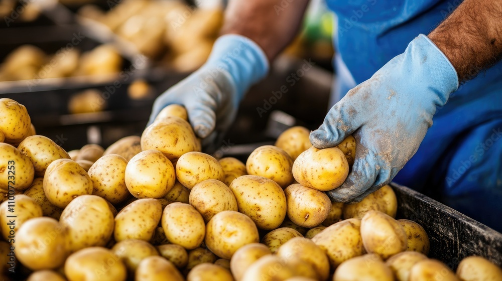 Poster a production facility where workers in gloves carefully sort freshly harvested potatoes, demonstrati