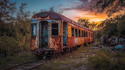 Obraz premium A rusted train car sits abandoned on forgotten tracks, bathed in the soft glow of sunset, surrounded by debris, offering a nostalgic glimpse into the past