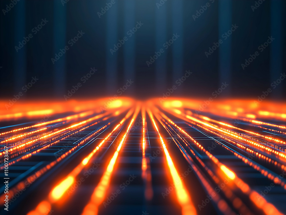 Poster the image showcases a futuristic perspective of glowing lines on a dark surface, resembling digital 