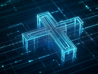 A luminous, digital cross symbol against a dark, tech-inspired background, representing technology, data, or medical themes.