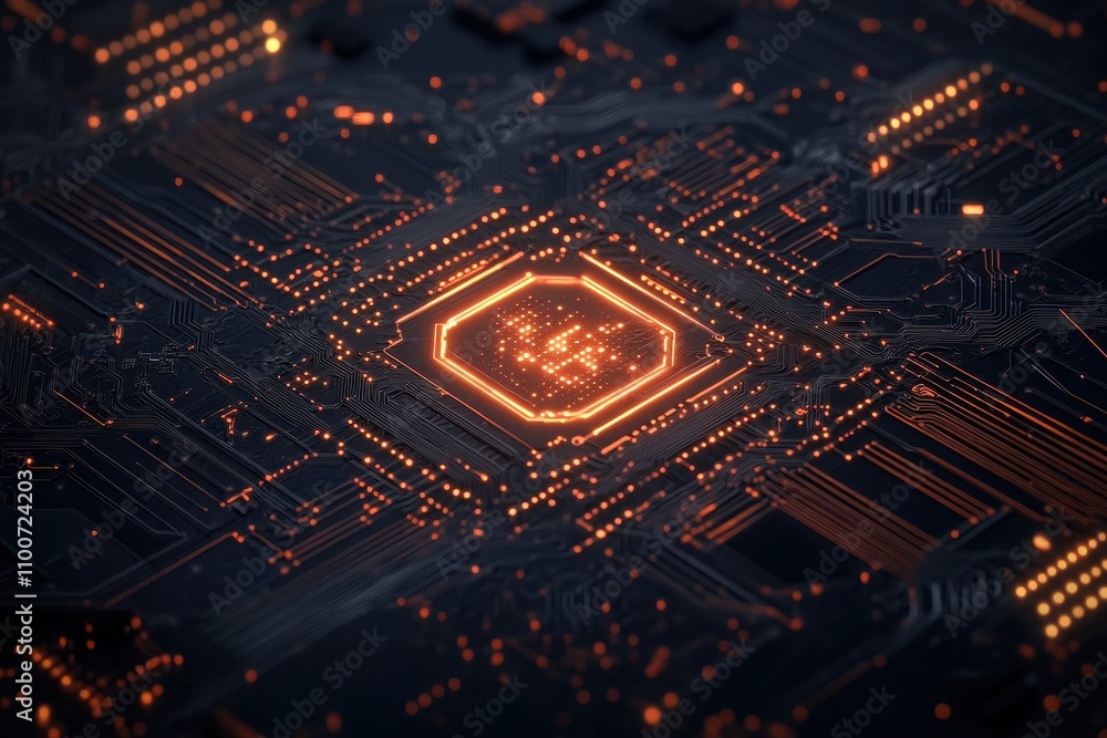 Aufkleber A close-up view of a futuristic microchip with glowing circuits, featuring an intricate design in dark tones and bright orange highlights.