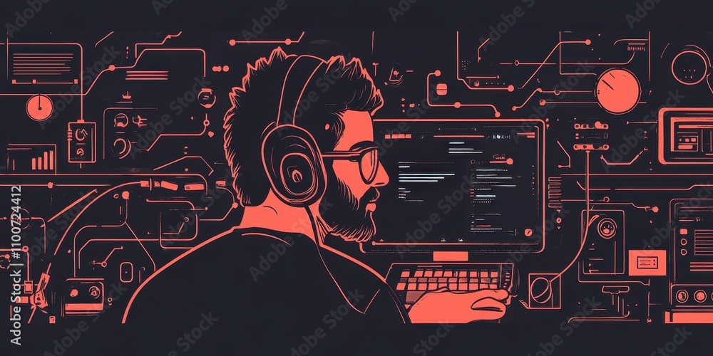 Poster a focused individual wearing headphones, coding on a computer, surrounded by a digital, tech-inspire