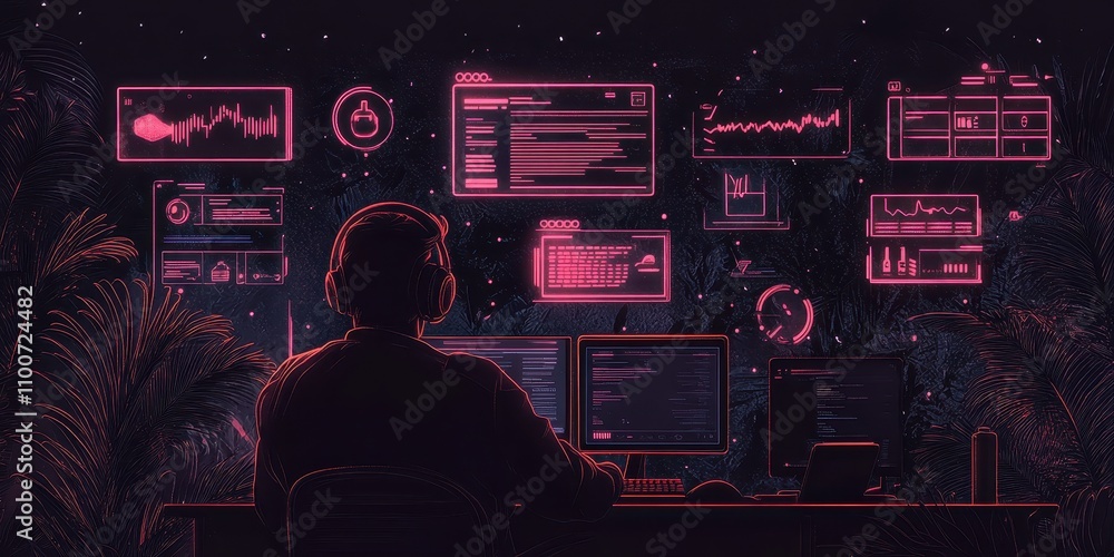 Poster A person sits at a desk, surrounded by glowing digital screens displaying various data and graphs in a dark, futuristic environment.