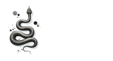 Black-and-white illustration of coiled snake with paint splatters