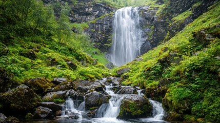 Obraz premium Picturesque waterfall in Norway, with rugged terrain and lush surroundings