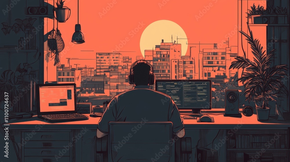 Poster A person sits at a desk with multiple screens, working on a project while a sunset casts a warm glow over a cityscape outside.
