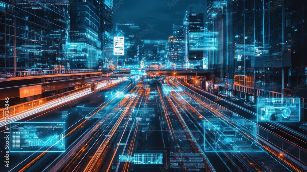Poster futuristic city highway with digital overlays showing data streams and traffic flow.