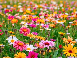 Fototapeta premium Beautiful field of colorful flowers in full bloom during springtime, scenery, field