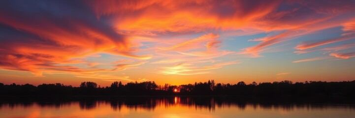 Fototapeta premium Vibrant orange and pink hues illuminate the sky as the sun rises over a calm lake, reflecting the stunning colors in the water below, peaceful, reflection