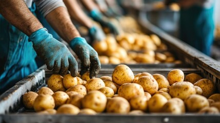Agricultural workers in protective gloves sort freshly harvested potatoes along a conveyor belt, showcasing the process of food production