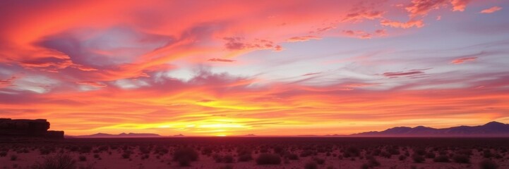 Vibrant hues of orange, pink, and purple paint the sky as the sun sets over the arid desert landscape, sunset, vibrant