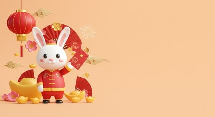 Fototapeta premium Cute rabbit in traditional outfit with lanterns and gold ingots for celebration