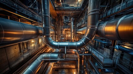 Obraz premium Beneath the intricate network of metallic ducts, a spacious industrial space comes alive with the warm glow of the setting sun