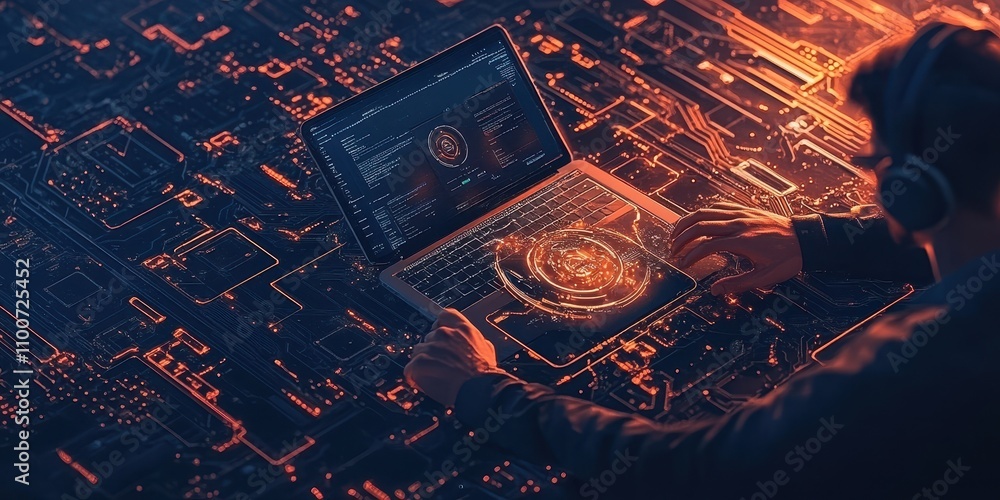 Poster A person uses a laptop surrounded by a digital circuit background, highlighting themes of technology, coding, and cyber activities.