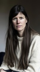 Fototapeta premium Serious woman in a cream sweater with long brown hair, looking at the camera