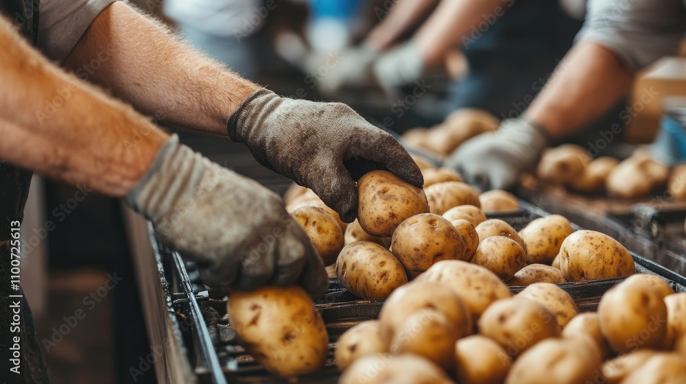 Poster close-up of workers sorting through freshly harvested potatoes on a conveyor belt in a busy agricult