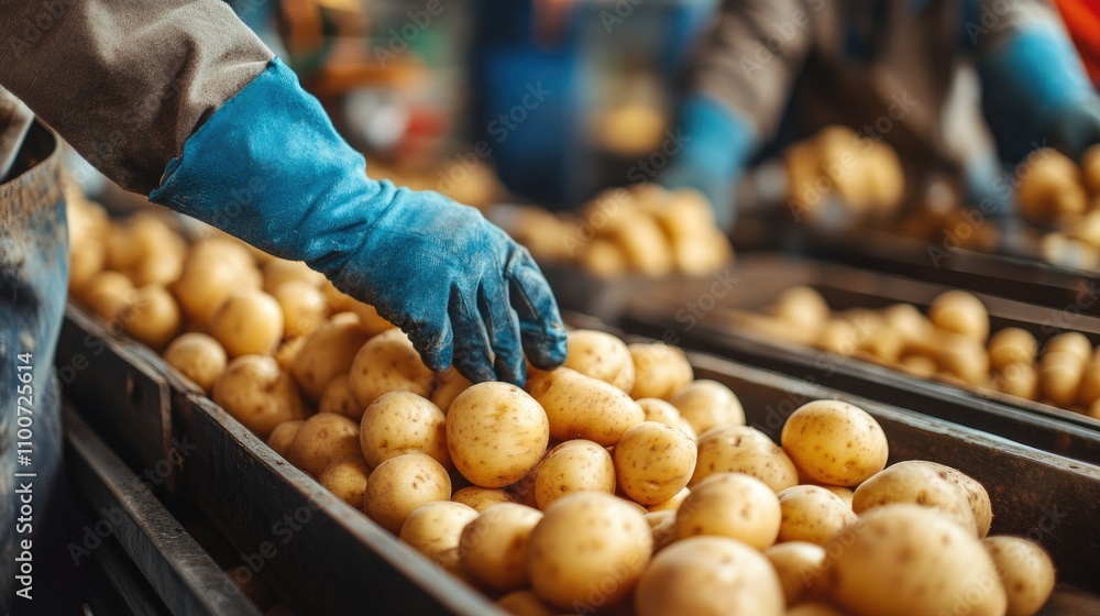 Poster close-up of workers sorting through freshly harvested potatoes on a conveyor belt in a busy agricult