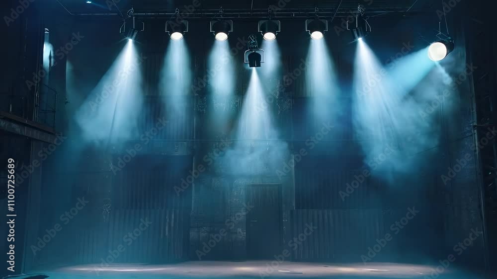 Poster dramatic stage lighting with beams illuminating an empty performance space