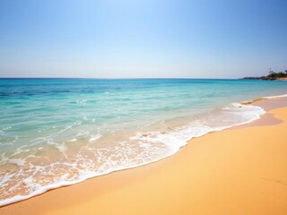 Fototapeta premium Sunny beach with golden sand and crystal clear blue waters, perfect for a relaxing getaway, summer, sun