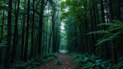 Fototapeta premium A dense and lush forest path surrounded by tall trees, creating a magical and mysterious atmosphere, foliage, green