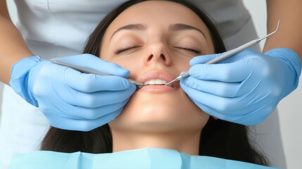 Dentist performing a dental examination on a woman with blue gloves holding dental tools