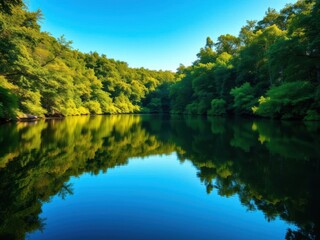 Fototapeta premium A tranquil lake surrounded by lush greenery, with the reflection of the clear blue sky on the water's surface, serene, peaceful