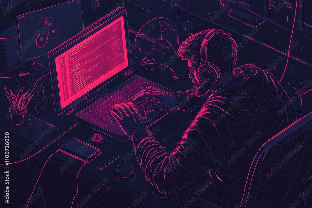 Poster a digital illustration of a person coding at a laptop, immersed in a high-tech environment with neon