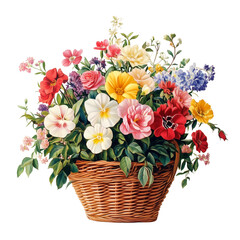 Vibrant Spring Flowers in a Wicker Basket, Colorful Bouquet transparent background