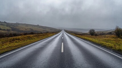 Rain road: A long, empty road stretching into the distance under a grey, rainy sky