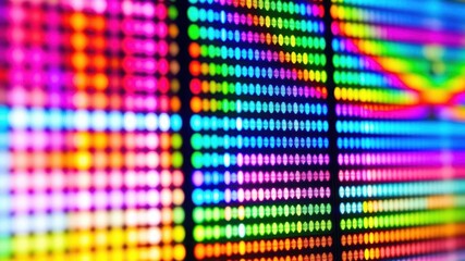 Close up view of vibrant LED display showing various color shades for screen technology, screen, LED display