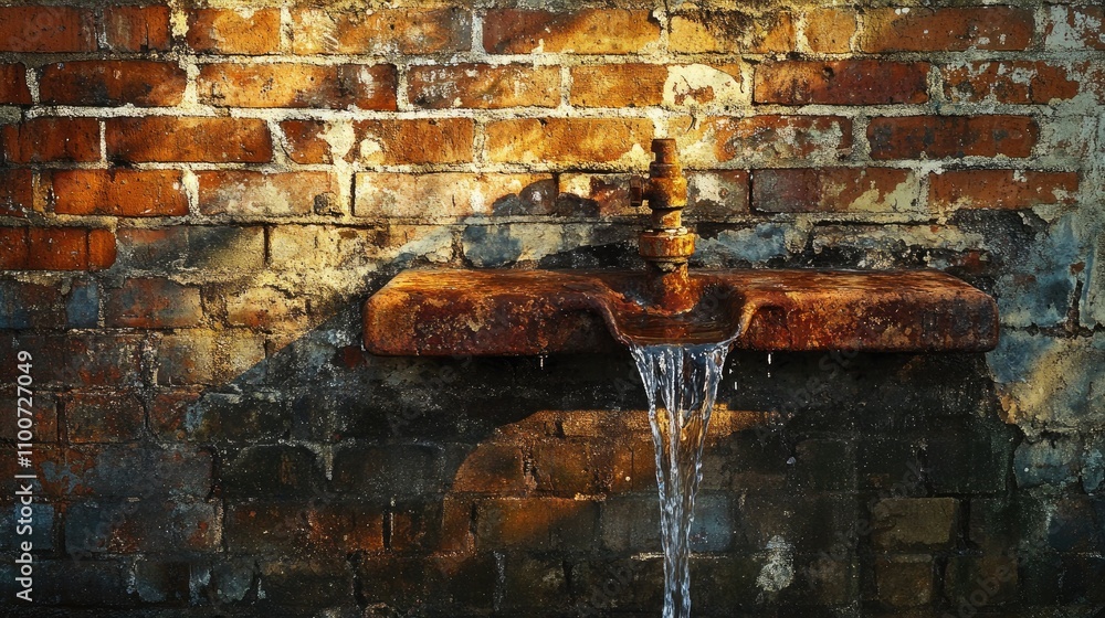 Poster water flows gently from a rusted faucet mounted on a brick wall, bathed in the warm glow of fading a