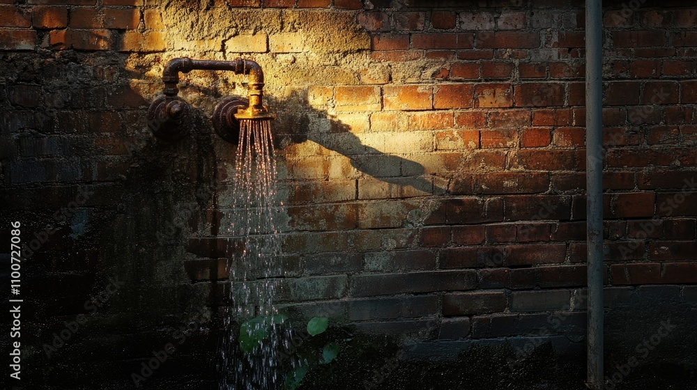 Poster water flows gently from a rusted faucet mounted on a brick wall, bathed in the warm glow of fading a