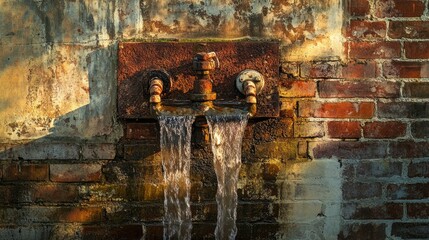 Water flows gently from a rusted faucet mounted on a brick wall, bathed in the warm glow of fading afternoon light, creating a peaceful and serene atmosphere