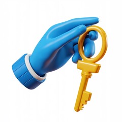 Blue Cartoon Gloved Hand Grasping a Yellow Key on White Background