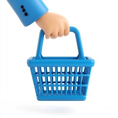 Fototapeta premium Blue Suit Hand Holding Minimalist 3D Cartoon Shopping Basket