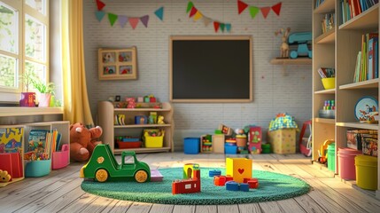 room filled with toys, books, and playful decorations