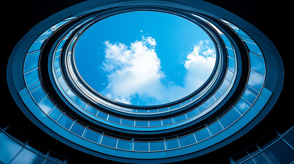 Obraz premium modern circular structure with a perspective from the center looking upward, capturing the abstract design and the interplay of light and shadow within the architecture