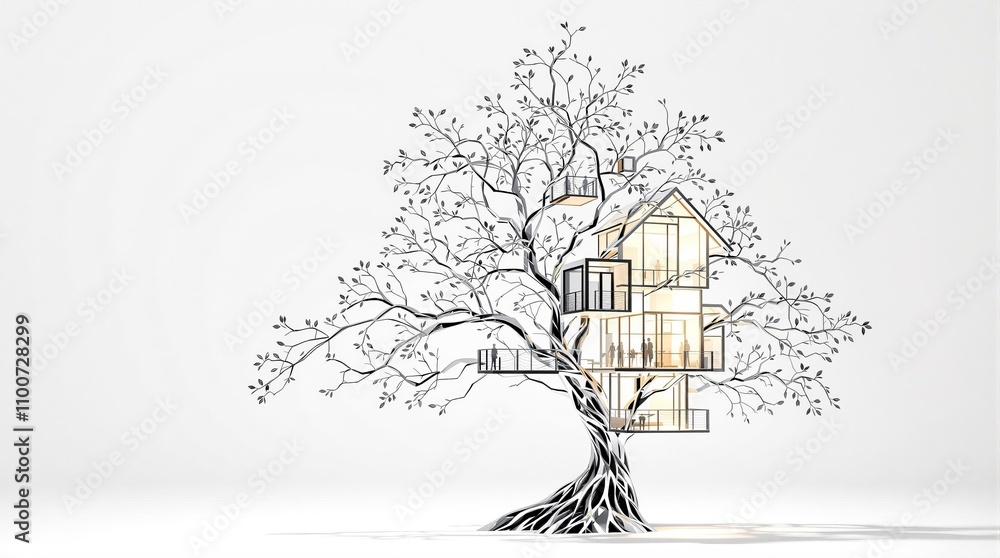 Poster modern treehouse architecture: innovative design integrating nature and living spaces