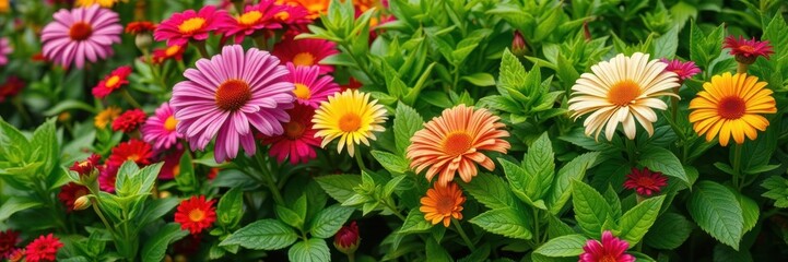 A close-up shot of lush green foliage surrounded by bright and colorful flowers in a garden setting, botany, summer