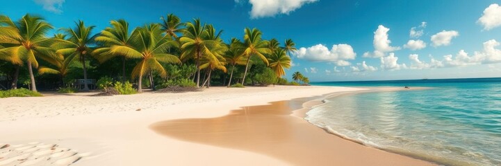 Obraz premium Sandy beach in Hawaii with turquoise water and vibrant green palm trees, travel, seascape