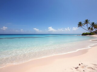 Fototapeta premium Sandy beach with crystal clear blue waters and palm trees in the background, perfect for a tropical vacation escape, nature, summer