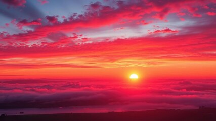 Obraz premium A vibrant red morning sky with the sun rising over a tranquil landscape, casting a warm glow over the clouds and water below, scenery, serene