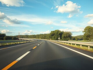 Empty highway winding through lush green park under a blue sky, outdoors, travel