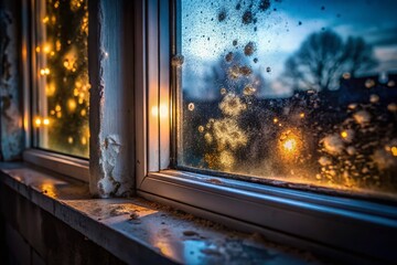 Night Photography of Mold on a Window in a Dimly Lit Room, Capturing the Intricate Patterns and Textures Created by Moisture in a Residential Environment