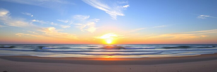 Obraz premium Spectacular sunrise over a serene beach with soft sand and calm waves, destination, serene