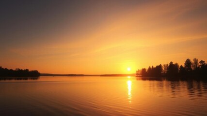 Vibrant sunrise over a calm lake, casting a golden hue on the water and silhouettes of trees, serene, outdoors