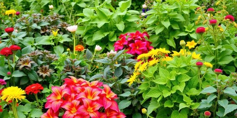 Obraz premium Lush and flourishing vegetable garden with a variety of plants in full bloom, garden, homegrown