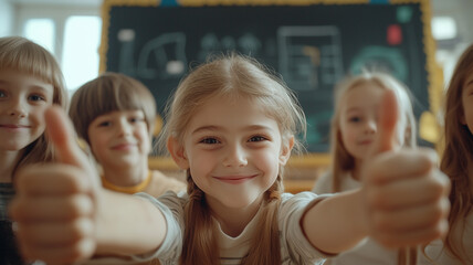 group of children in classroom giving thumbs up, smiling happily